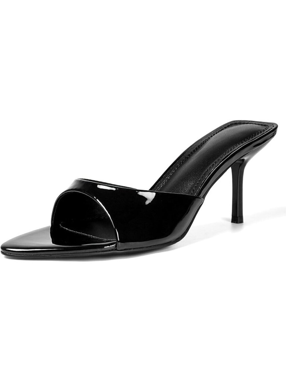 ISNOM Women's Black Rubber Square Toe Ankle Buckle Strap Kitten Heels Sandal
